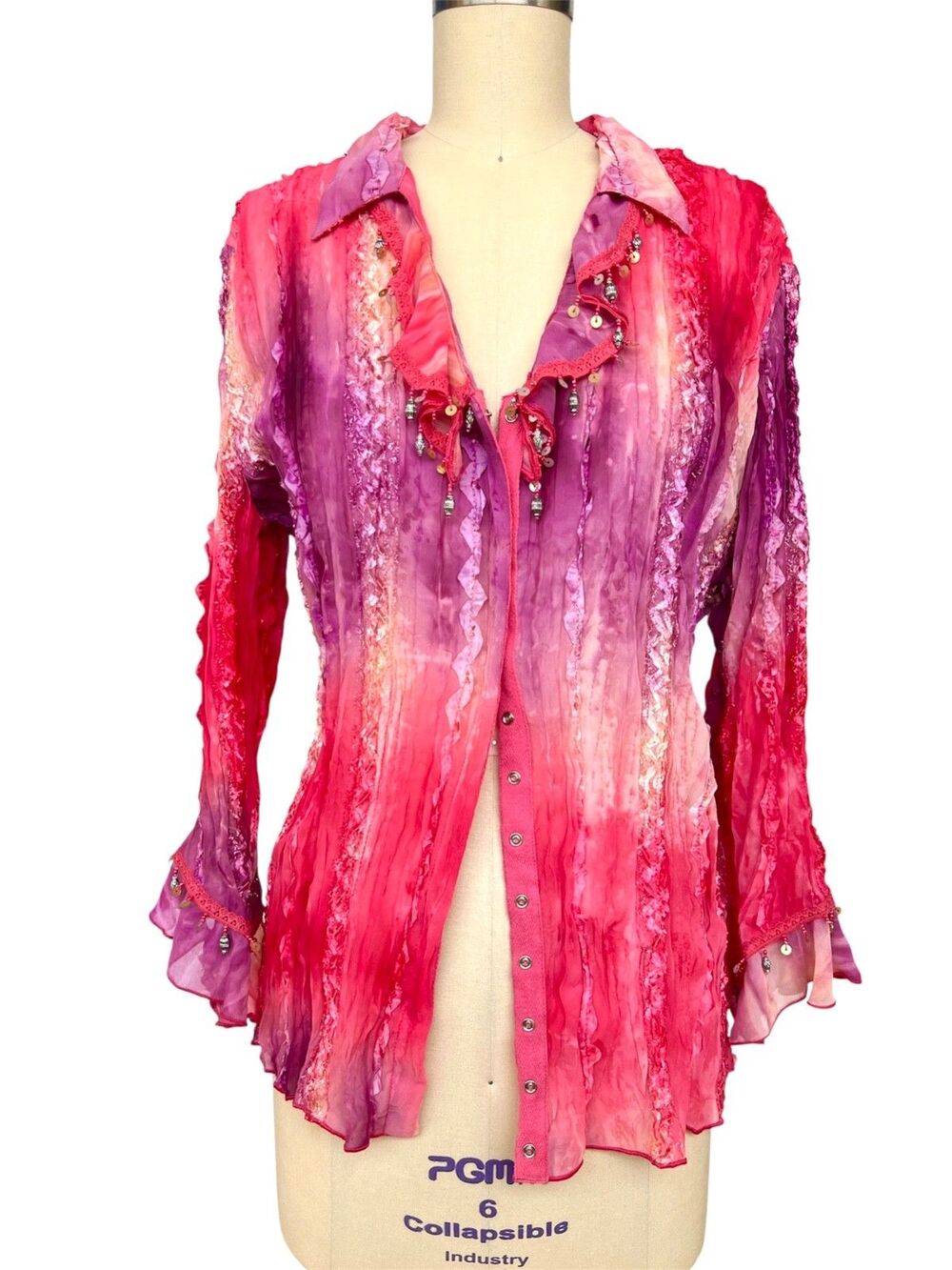 NWT Y2K Ombre Sequin Beaded Fairy core Top L XL Boho Ruffle Festival Whimsy Pink